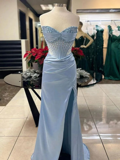Robe de bal sirène rose à décolleté cœur et fente, inspiration pour adolescentes, tenue de soirée, robe de bal AB064