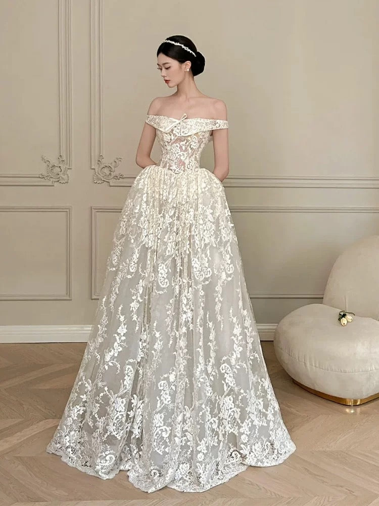 Timeless Ball Gown Off The Shoulder Lace Ivory Wedding Dress With Sleeves Fairytale Wedding Dresses AU471