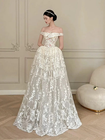 Timeless Ball Gown Off The Shoulder Lace Ivory Wedding Dress With Sleeves Fairytale Wedding Dresses AU471
