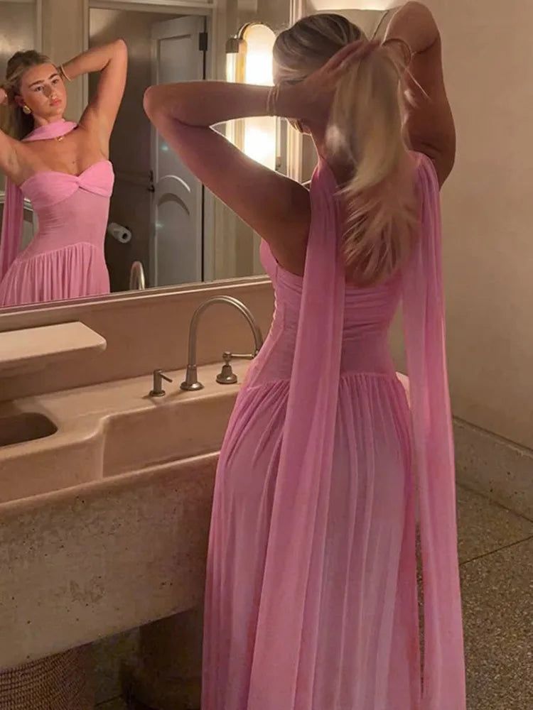 Robe de bal maxi sexy dos nu à col foulard pour femme, rose, sans bretelles, AB1648
