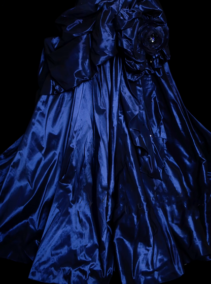Robe de bal vintage bustier bleu marine en satin, longue, pour bal de fin d'année, tenue de soirée N035