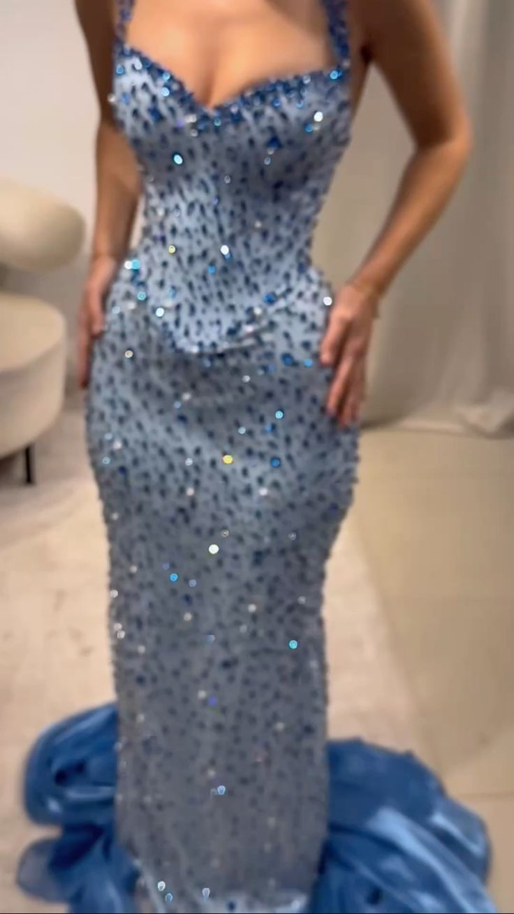 Sexy Meerjungfrauen-Trägerkleid, Pailletten, blau, mit perlenbesetztem Oberteil, langes Ballkleid, formelles Kleid, Geburtstagsoutfit, Partykleid N222