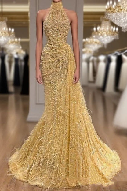 Gelbes Abendkleid, lang, hochgeschlossen, glitzernd, Federbesatz, luxuriös, mit Strasssteinen, formelles Ballkleid AB1662