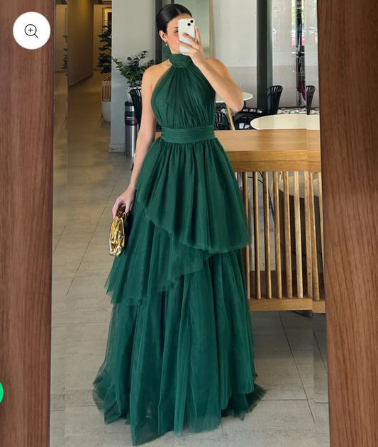 Elegant Halter Tiered Prom Dress A-Line Tulle Sleeveless Evening Dress Saudi Arabia Formal Party Gowns AB439