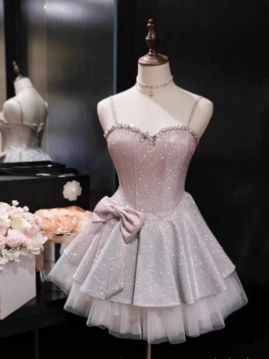 Sparkly Ball Gown Spaghetti Strap Pink Sequin Mini Senior Inspo Short Party Outfits Formal Homecoming Dresses RB3029