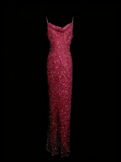 Robe de soirée vintage style sirène à fines bretelles, paillettes, années 80, 70, 90, idéale pour les bals de fin d'année ou les remises de diplômes (N1149)