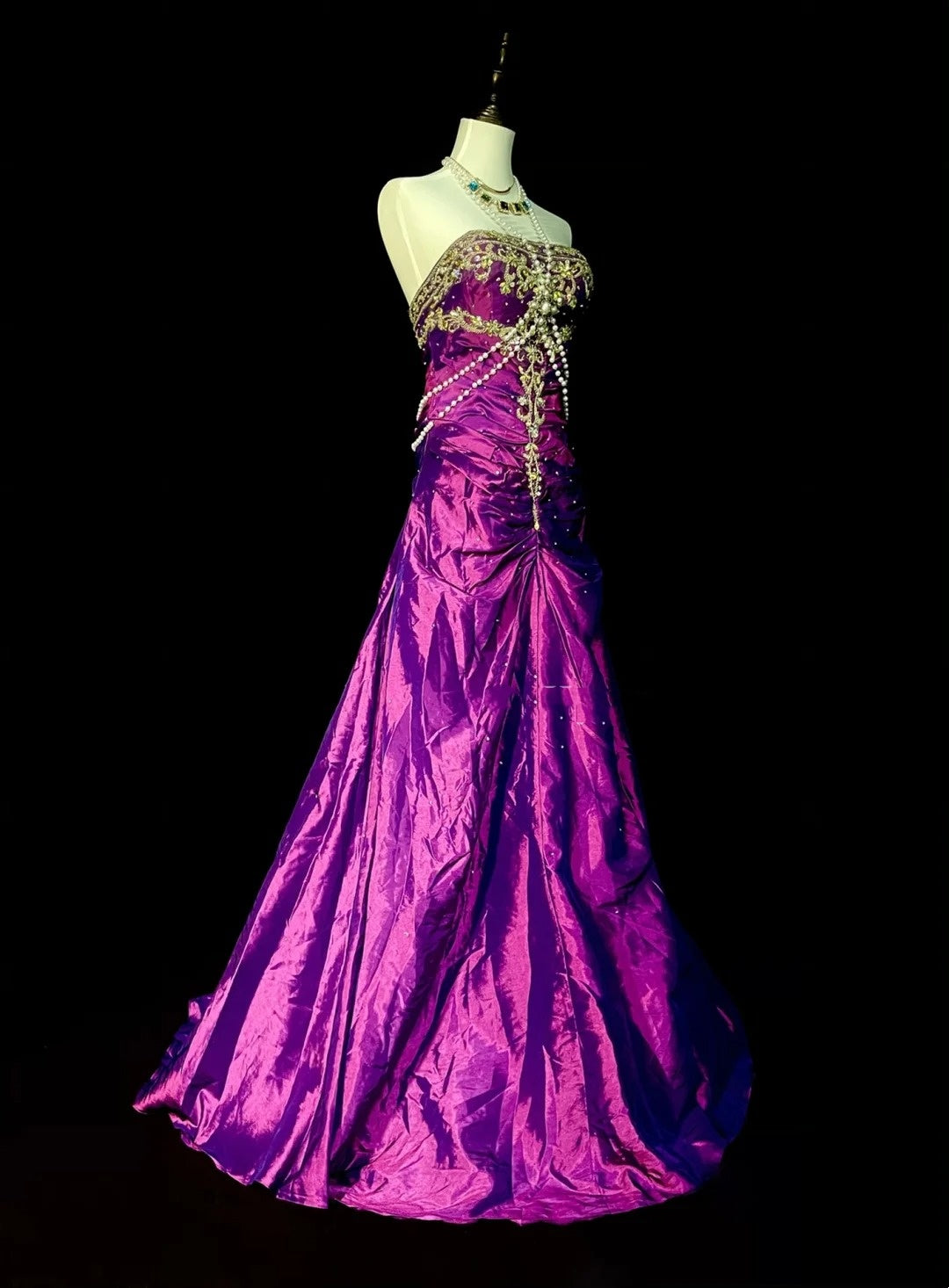 Vintage Mermaid Strapless Grape With Gold Beaded 90s 2000s Senior Prom Dresses High School Long Formal Dress N1299