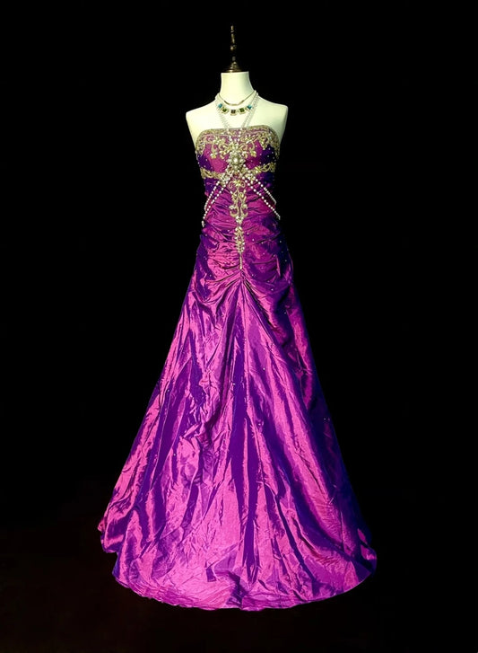 Vintage Mermaid Strapless Grape With Gold Beaded 90s 2000s Senior Prom Dresses High School Long Formal Dress N1299