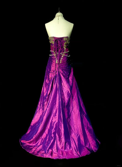 Vintage Mermaid Strapless Grape With Gold Beaded 90s 2000s Senior Prom Dresses High School Long Formal Dress N1299