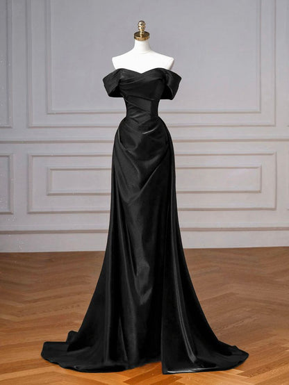 Simple Off Shoulder Satin Burgundy Long Prom Dress, Burgundy Long Formal Dress Party Gown AB1842