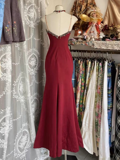 Vintage langes, burgunderrotes Spitzen-Abendkleid mit V-Ausschnitt, Meerjungfrauen-Stil, Partykleid, Tanzoutfit N535