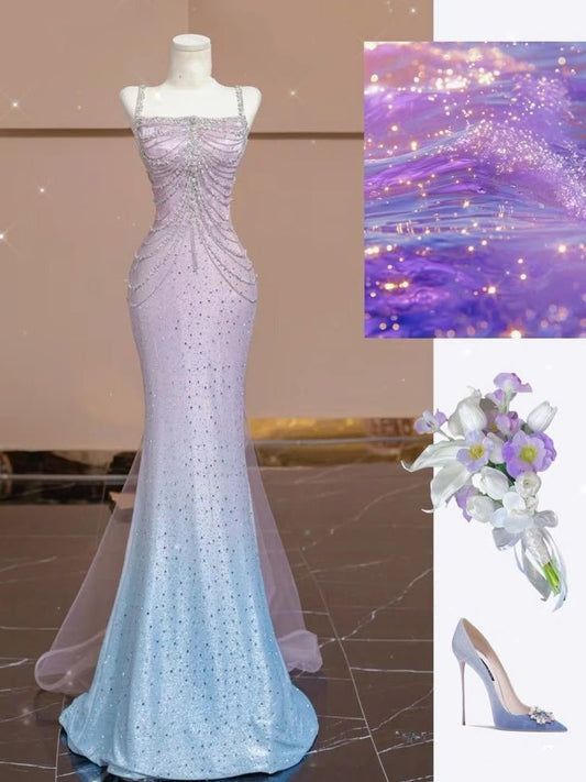 Glitter Mermaid Square Neck Pink Blue Silver Beaded Long Prom Dresses Inspiration Evening Gowns For Women Formal Party Dress AB1285