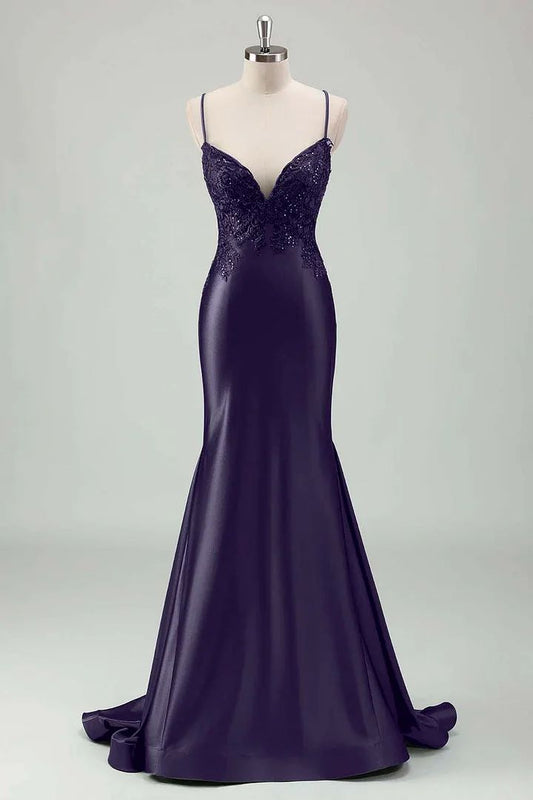 Glitzerndes Meerjungfrauen-Kleid mit Spaghettiträgern, dunkelviolett, langes Ballkleid, formelles Partykleid, Cocktailkleid, Maxi-Abendkleid AB1271