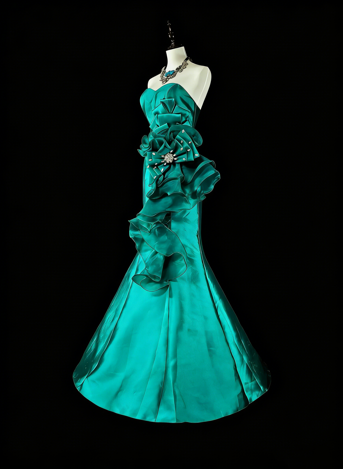 Robe de bal longue vintage sirène vert satin années 70, bustier cœur, taille 4 N1834