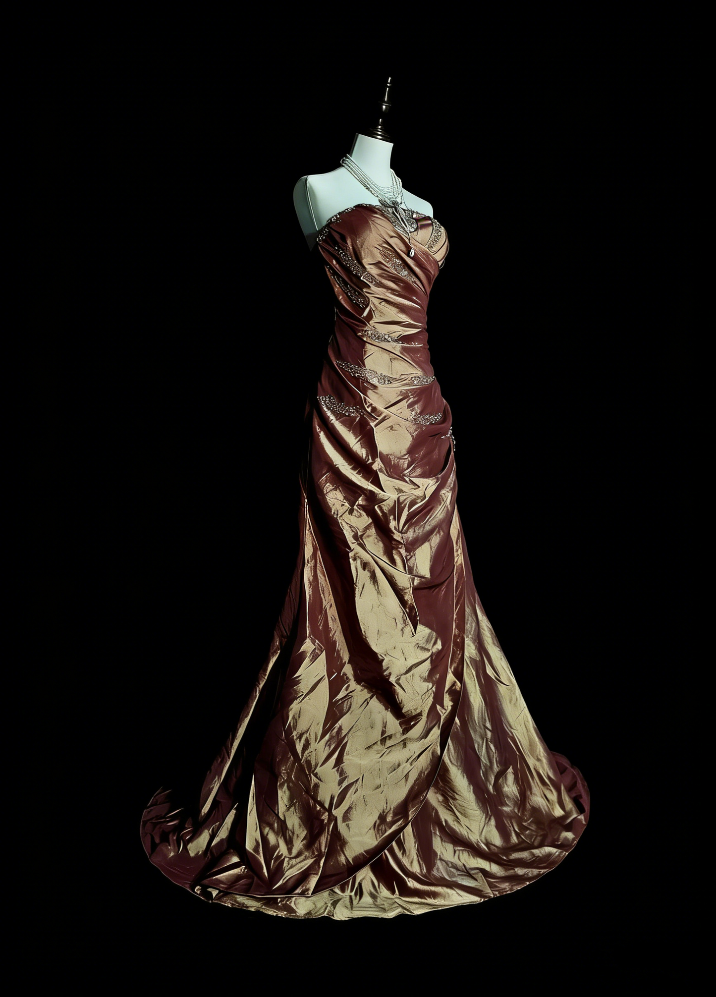 Robe de bal longue sirène vintage marron sans bretelles et perles, style années 80, référence N1490