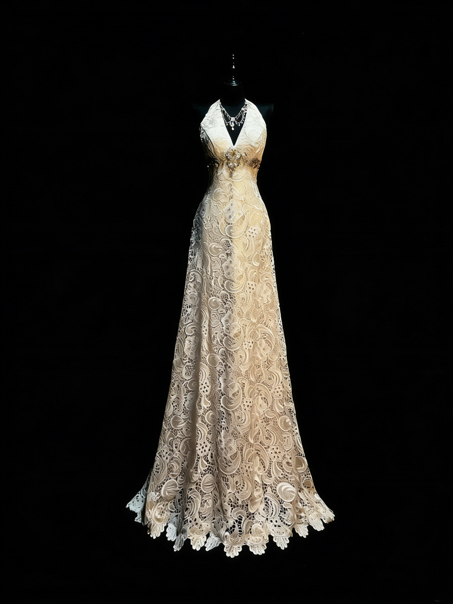 Robe de bal longue en dentelle champagne, coupe trapèze, col en V, style sobre, idéale pour les jeunes filles (N1187)