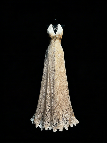 Robe de bal longue en dentelle champagne, coupe trapèze, col en V, style sobre, idéale pour les jeunes filles (N1187)