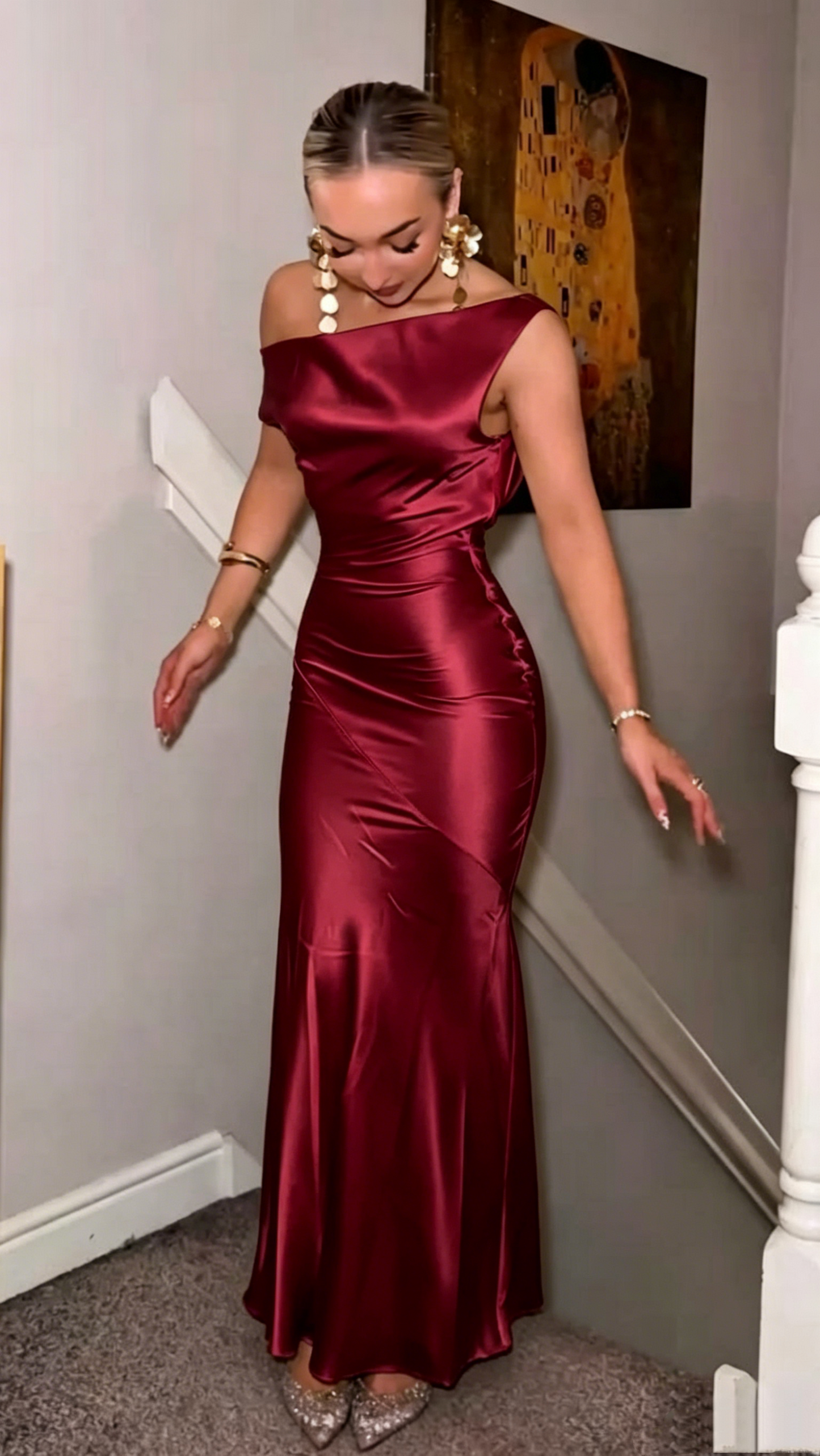 Sexy gelbe Satin-Meerjungfrauen-Abendkleider schulterfrei für Damen N4186