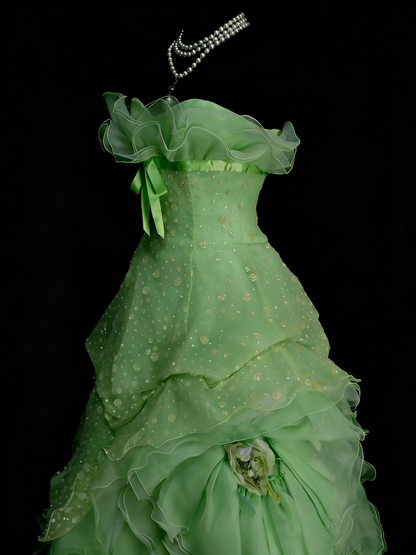 Elegantes Ballkleid mit Herzausschnitt aus grünem Organza im Stil der 80er Jahre – Inspiration für lange Abendkleider, Partykleider, Vintage-Kleid für den 16. Geburtstag (N1311)