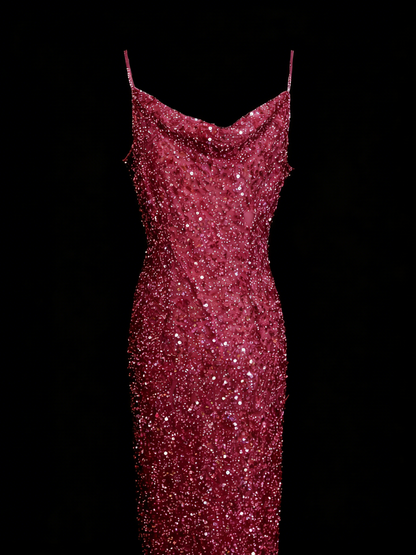 Robe de soirée vintage style sirène à fines bretelles, paillettes, années 80, 70, 90, idéale pour les bals de fin d'année ou les remises de diplômes (N1149)