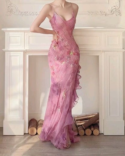 Robe de bal longue rose vintage à bretelles spaghetti style sirène, inspiration robe de soirée, robe de bal AB076