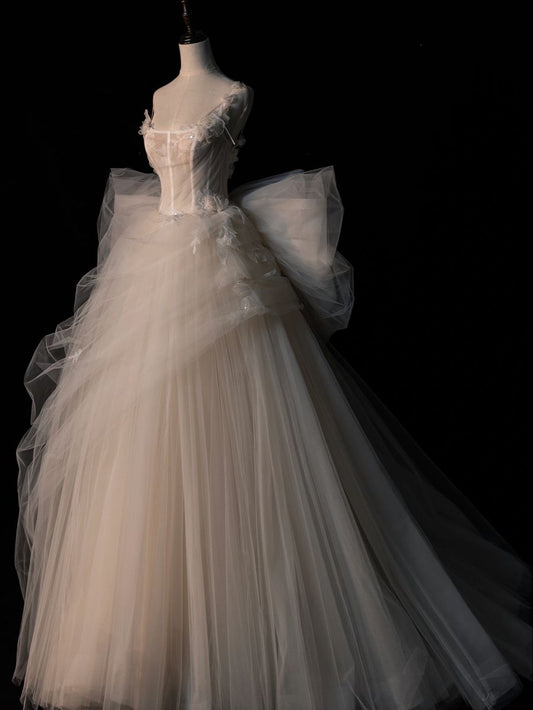 Romantic Women's Ball Gown Square Neck 80s With Lace Bow-knot Pleated Tulle weep Train Wedding Dresses AB1488