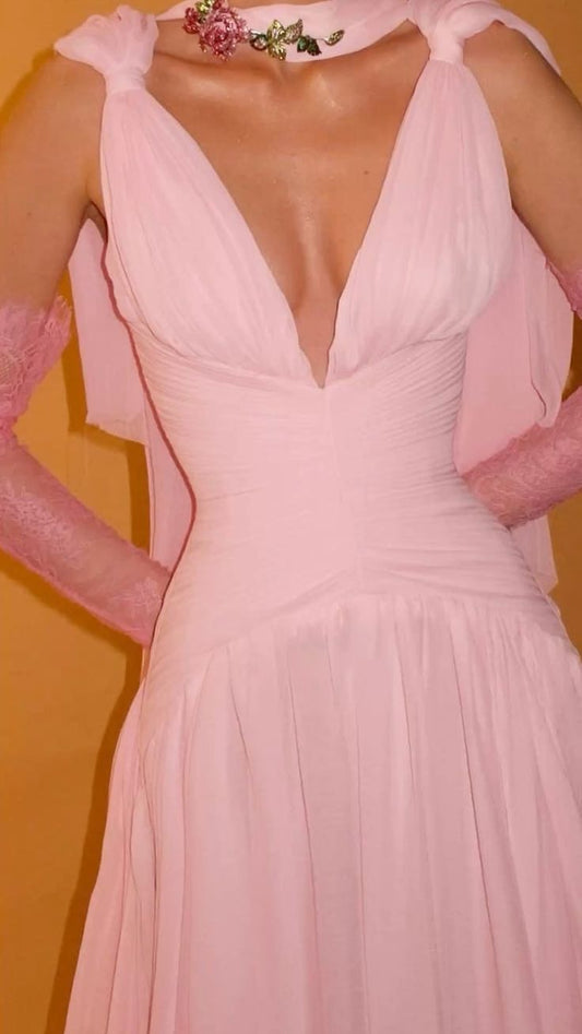 Beautiful A line V Neck Pink Chiffon Party Dresses Prom Dresses Impress Wedding Guest Dress N890