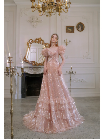 Retro-A-Linien-Abendkleid aus rosafarbenem Samt mit Pailletten – ein beeindruckendes Outfit für den 18. Geburtstag (R1870)