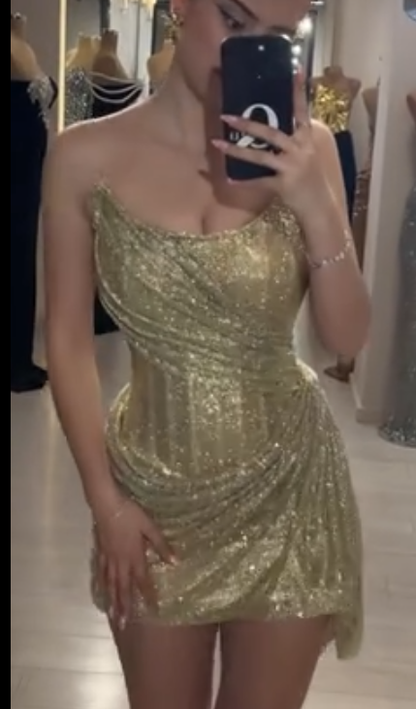 Glitzernde, trägerlose, goldfarbene Pailletten-Etui mit Rüschen, Pailletten, ärmelloses Mini-Heimkehrkleid N4748, Senior-Inspo, kurz