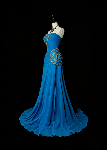 Robe de bal d'été longue, bustier, en mousseline bleue ornée de perles, style sirène vintage, N1423