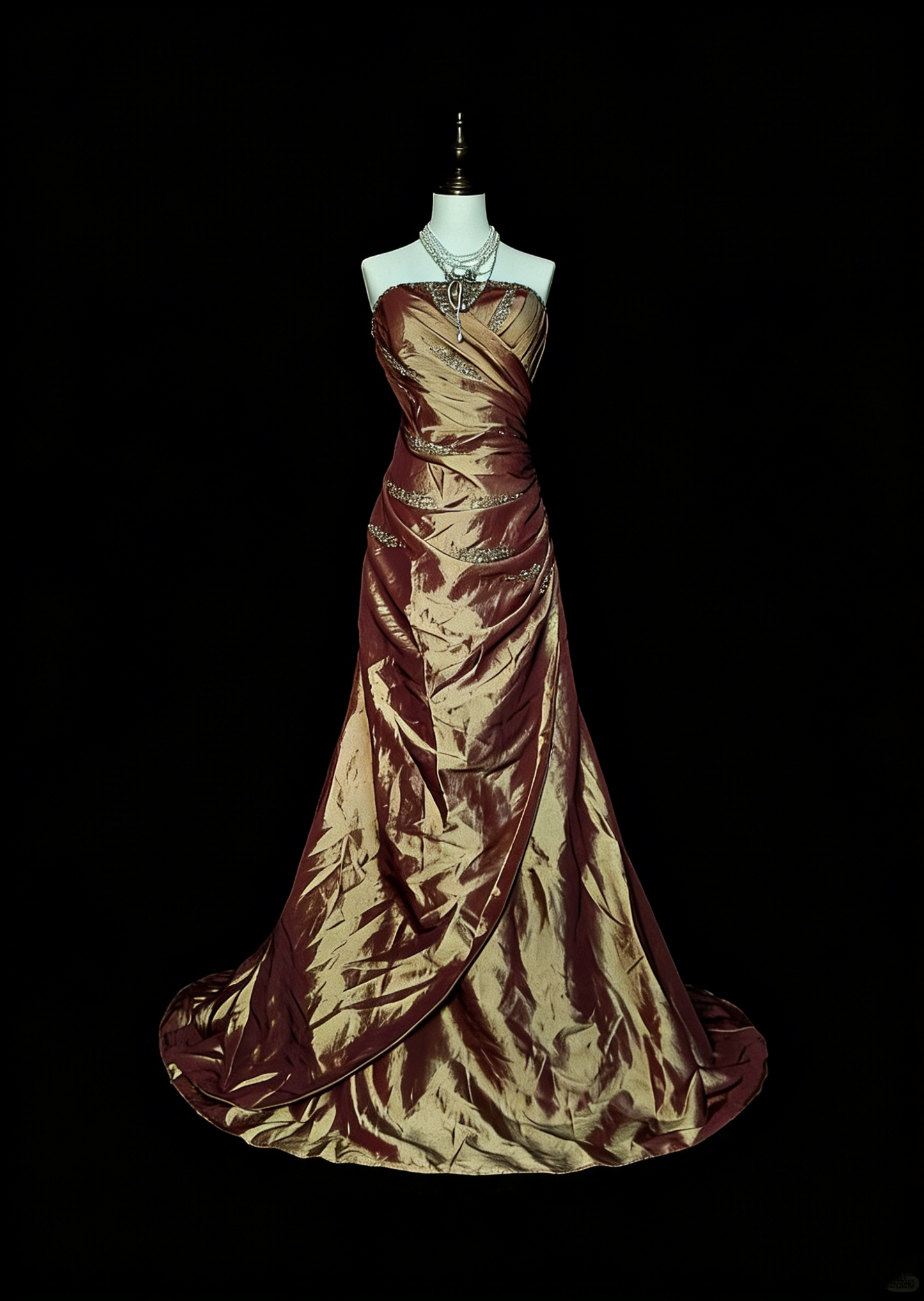 Robe de bal longue sirène vintage marron sans bretelles et perles, style années 80, référence N1490