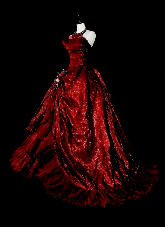 Vintage Prom Dresses Ball Gown Strapless Burgundy With Ruffle 1980s Long Formal Gown N2707