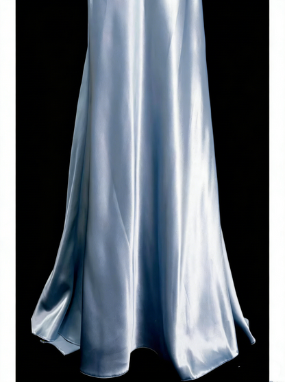 Vintage A-Linien-Neckholderkleid aus hellblauem Satin, ärmellos, 80er-Jahre-Stil, langes formelles Abendkleid N1446