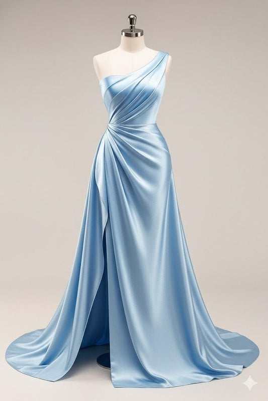 Elegantes, a-Linien-Abendkleid aus blauem Satin mit Schlitz und One-Shoulder, langes, formelles Ballkleid für Damen, 18. Geburtstagskleid AB1249