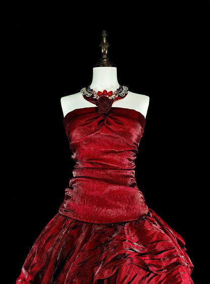 Vintage Ballkleid, asymmetrischer Saum, Neckholder, burgunderrot mit Perlenstickerei, langes Abendkleid, Partykleid, Modekleid N1826