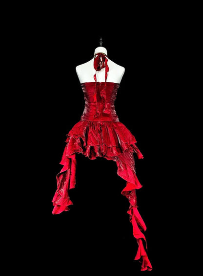 Vintage Ballkleid, asymmetrischer Saum, Neckholder, burgunderrot mit Perlenstickerei, langes Abendkleid, Partykleid, Modekleid N1826
