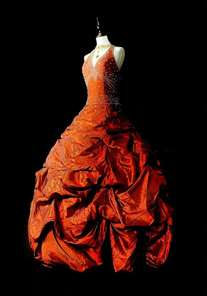 Prinzessinnen-Ballkleid, Neckholder, Taft, gerafft, orange, formelles College-Outfit, Abschlussballkleid für Teenager N1366