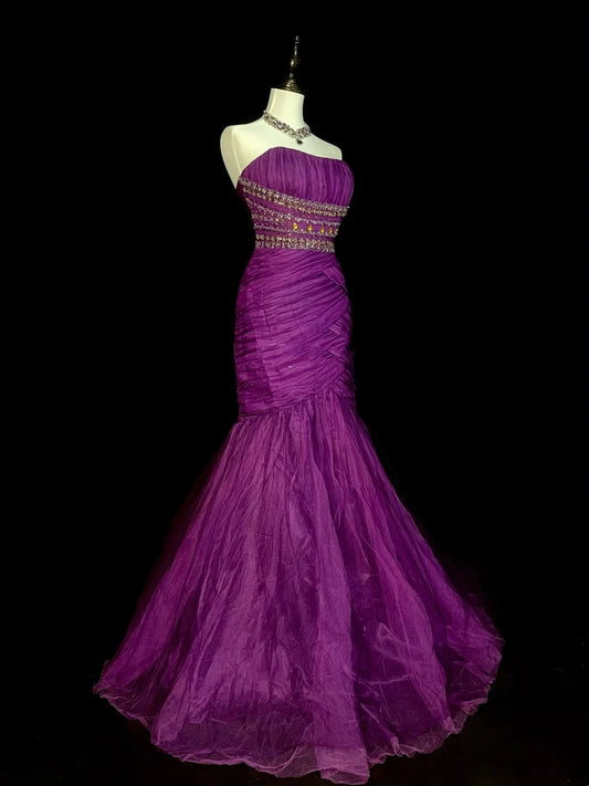 Vintage Meerjungfrauen-Kleid, trägerlos, lila Tüll mit Perlenbesatz, 90er/2000er Jahre, Abschlussballkleid, langes formelles Kleid für die High School, N1302