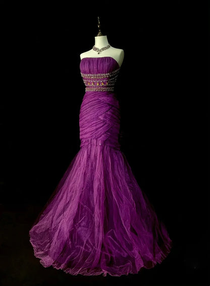 Vintage Mermaid Strapless Purple Tulle With Beaded 90s 2000s Senior Prom Dresses High School Long Formal Dress N1302