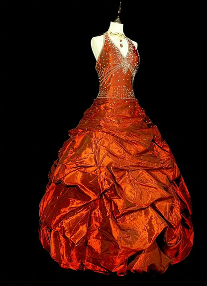 Prinzessinnen-Ballkleid, Neckholder, Taft, gerafft, orange, formelles College-Outfit, Abschlussballkleid für Teenager N1366