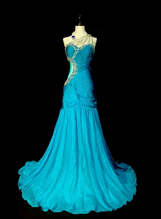 Vintage Meerjungfrauen-Abendkleid, schulterfrei, blau mit Perlenbesatz, 90er/2000er Jahre, langes formelles Kleid für die Oberstufe, N1300