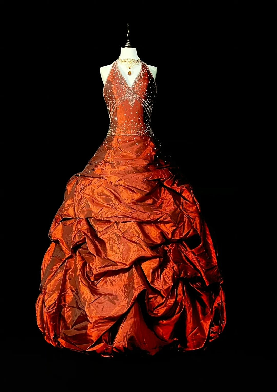 Prinzessinnen-Ballkleid, Neckholder, Taft, gerafft, orange, formelles College-Outfit, Abschlussballkleid für Teenager N1366