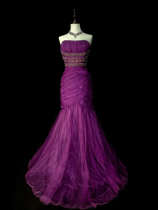 Vintage Meerjungfrauen-Kleid, trägerlos, lila Tüll mit Perlenbesatz, 90er/2000er Jahre, Abschlussballkleid, langes formelles Kleid für die High School, N1302