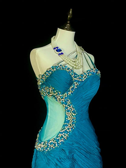 Vintage Mermaid One Shoulder Blue With Beaded 90s 2000s Senior Prom Dresses High School Long Formal Dress N1300