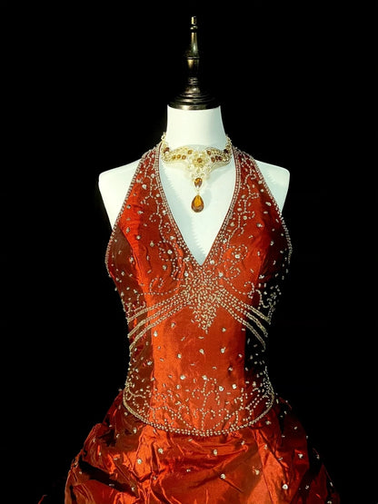 Prinzessinnen-Ballkleid, Neckholder, Taft, gerafft, orange, formelles College-Outfit, Abschlussballkleid für Teenager N1366