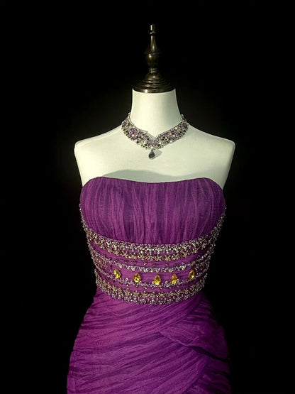Vintage Mermaid Strapless Purple Tulle With Beaded 90s 2000s Senior Prom Dresses High School Long Formal Dress N1302