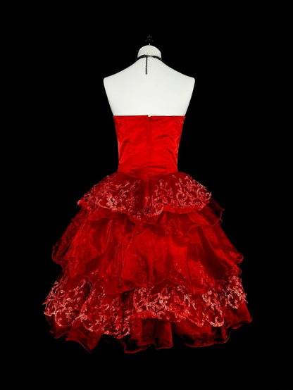 Einzigartiges Ballkleid, trägerlos, Spitze, Rot, Inspo, Vintage, Mode, 2000er, Hoco-Kleider, kurze Inspo, Heimkehrkleider N2012