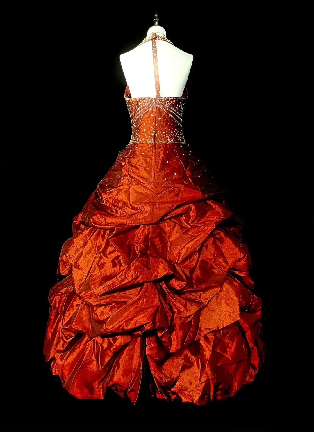 Prinzessinnen-Ballkleid, Neckholder, Taft, gerafft, orange, formelles College-Outfit, Abschlussballkleid für Teenager N1366