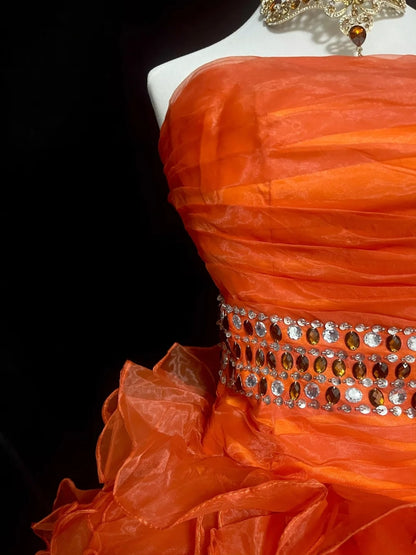 Robe de bal bustier unique en tulle orange, inspiration années 2000, robes de bal courtes, inspiration robes de soirée N1368
