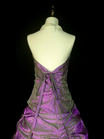 Elegantes, trägerloses Ballkleid aus lila Taft im Stil der 80er Jahre – Inspiration für lange Abendkleider, Vintage-Abendkleider N1303